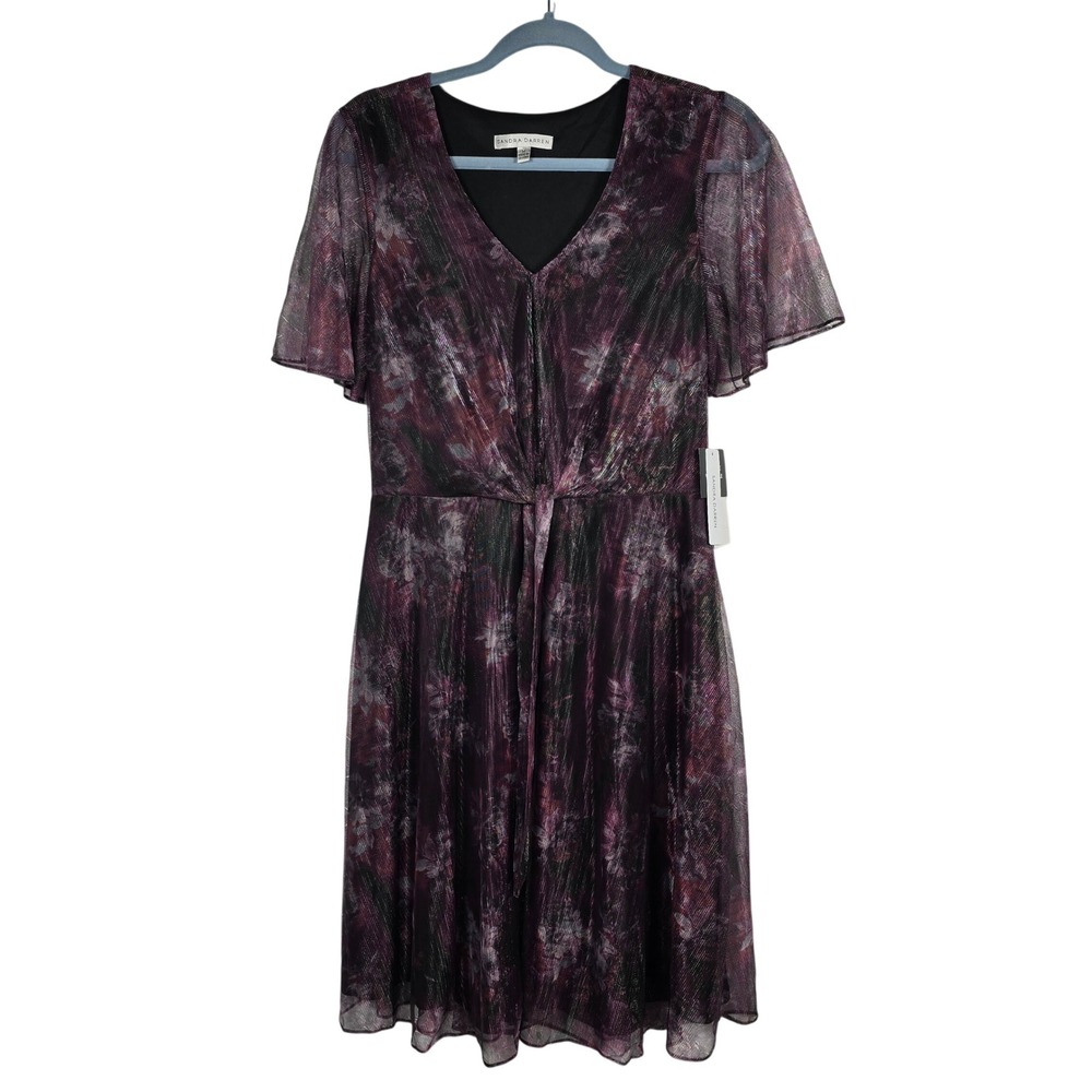 Sandra Darren Dress Women Med Metallic Floral‎ V-Neck Flutter Sleeve Wine Black